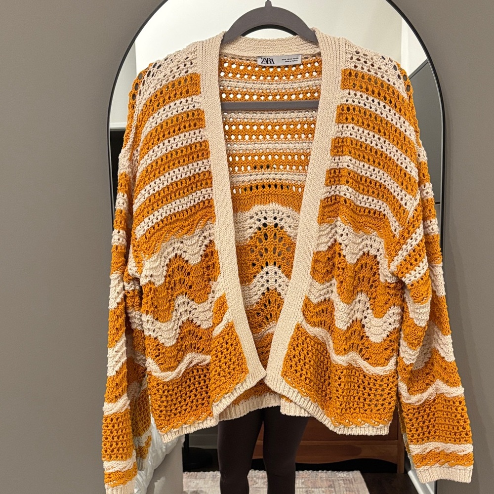 Zara size small open cardigan.  Cream and marigold colors. Open/crochet knit